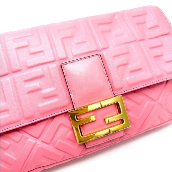 Fendi Baguette NM Bag Zucca Embossed Leather Large Pink - Picture 13 of 15